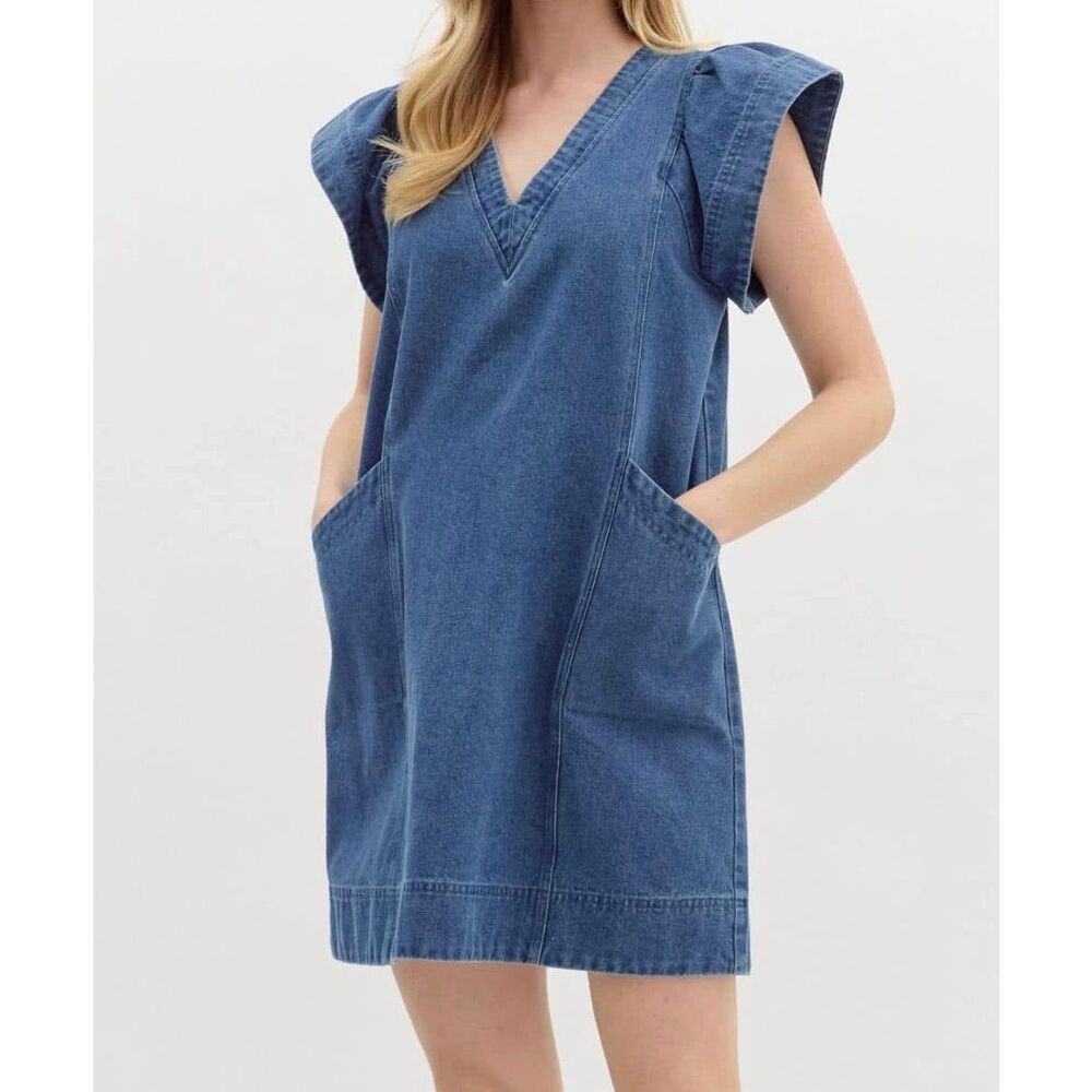 Entro Women’s Denim Flutter Sleeve V Neckline Dress Sz Large NEW